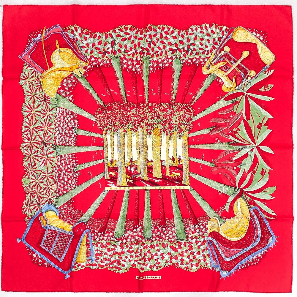 NWT Vintage Hermes Scarf Carré 90 "Ombres et Lumieres" in Red